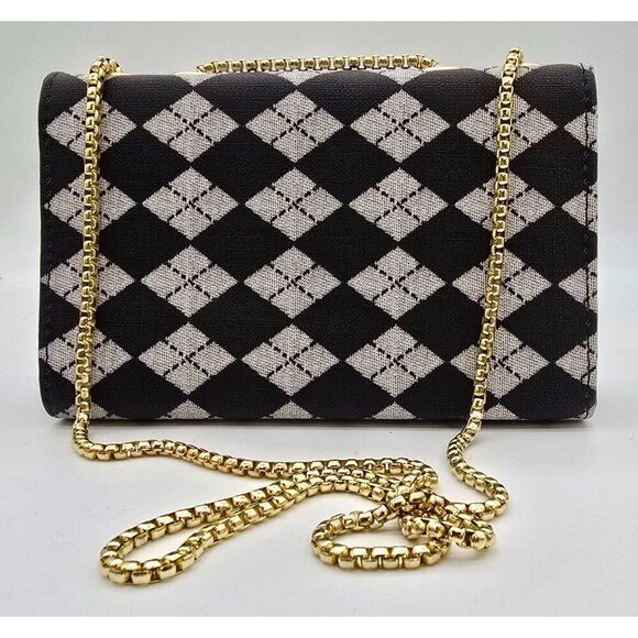 Chic Black & White Checkered Crossbody Bag With Gold Chain & Geometric Clasp - Picture 2 of 7